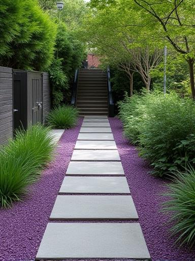 Rich purple amethyst stones lining a garden pathway