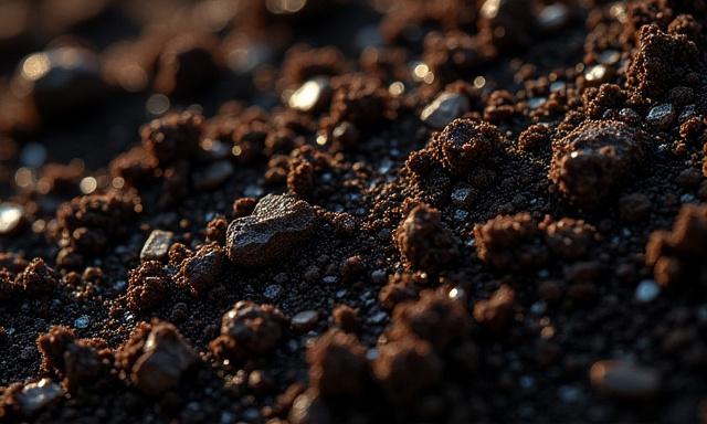 Close up of mineral-enriched dark soil with tiny quartz fragments