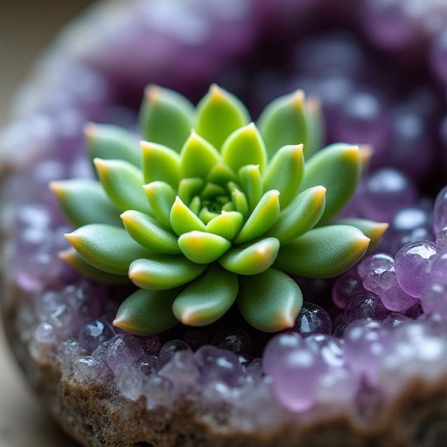 A rare succulent growing out of a crystal geode
