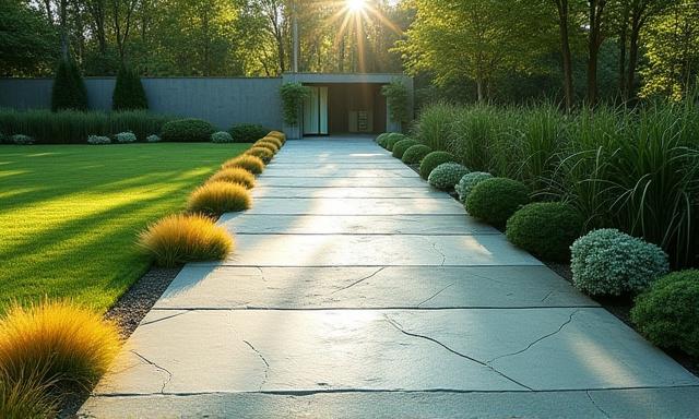 A garden path lined with large, raw emerald and citrine stones